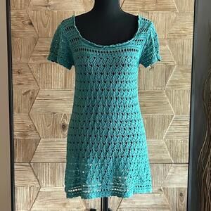 Vintage Old Navy Womens Teal Crochet Tunic Mini Dress Size Large Boho